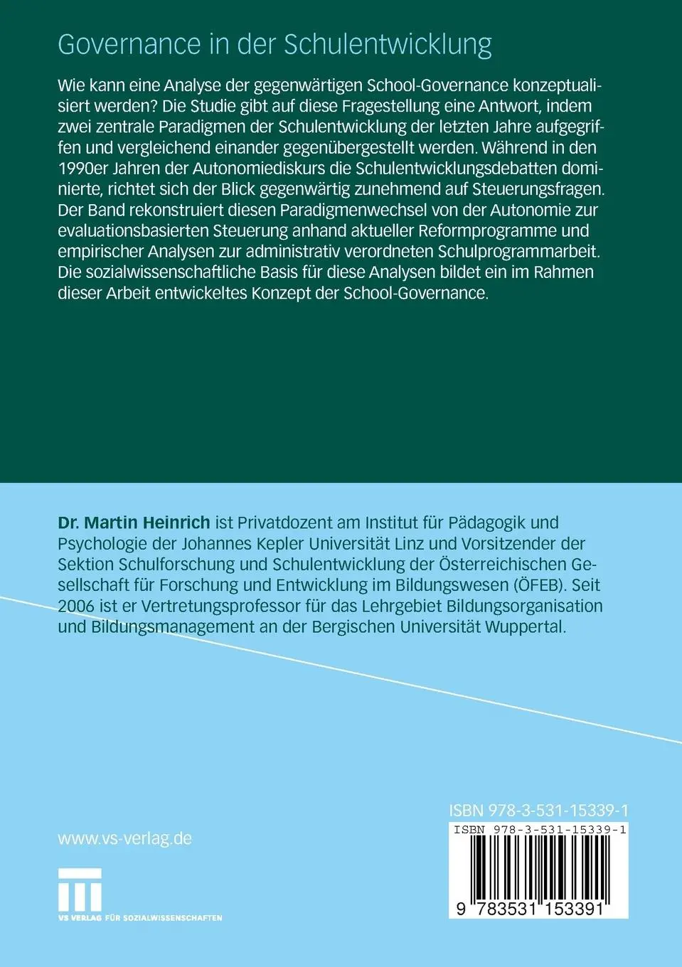 Rückseite: 9783531153391 | Governance in der Schulentwicklung | Martin Heinrich | Taschenbuch