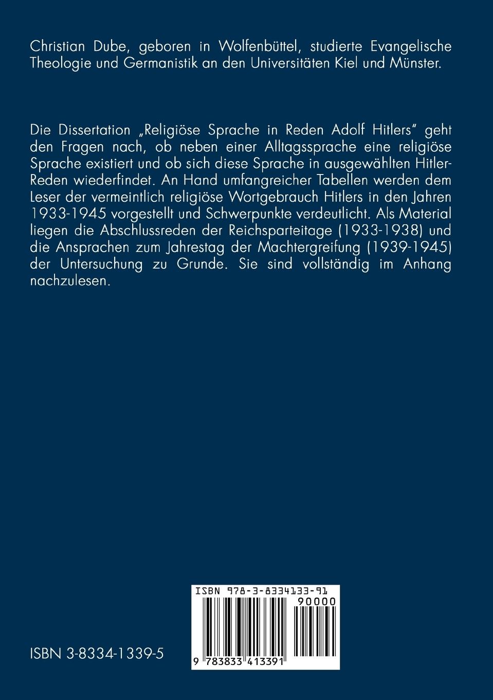 Rückseite: 9783833413391 | Religiöse Sprache in Reden Adolf Hitlers | Christian Dube | Buch