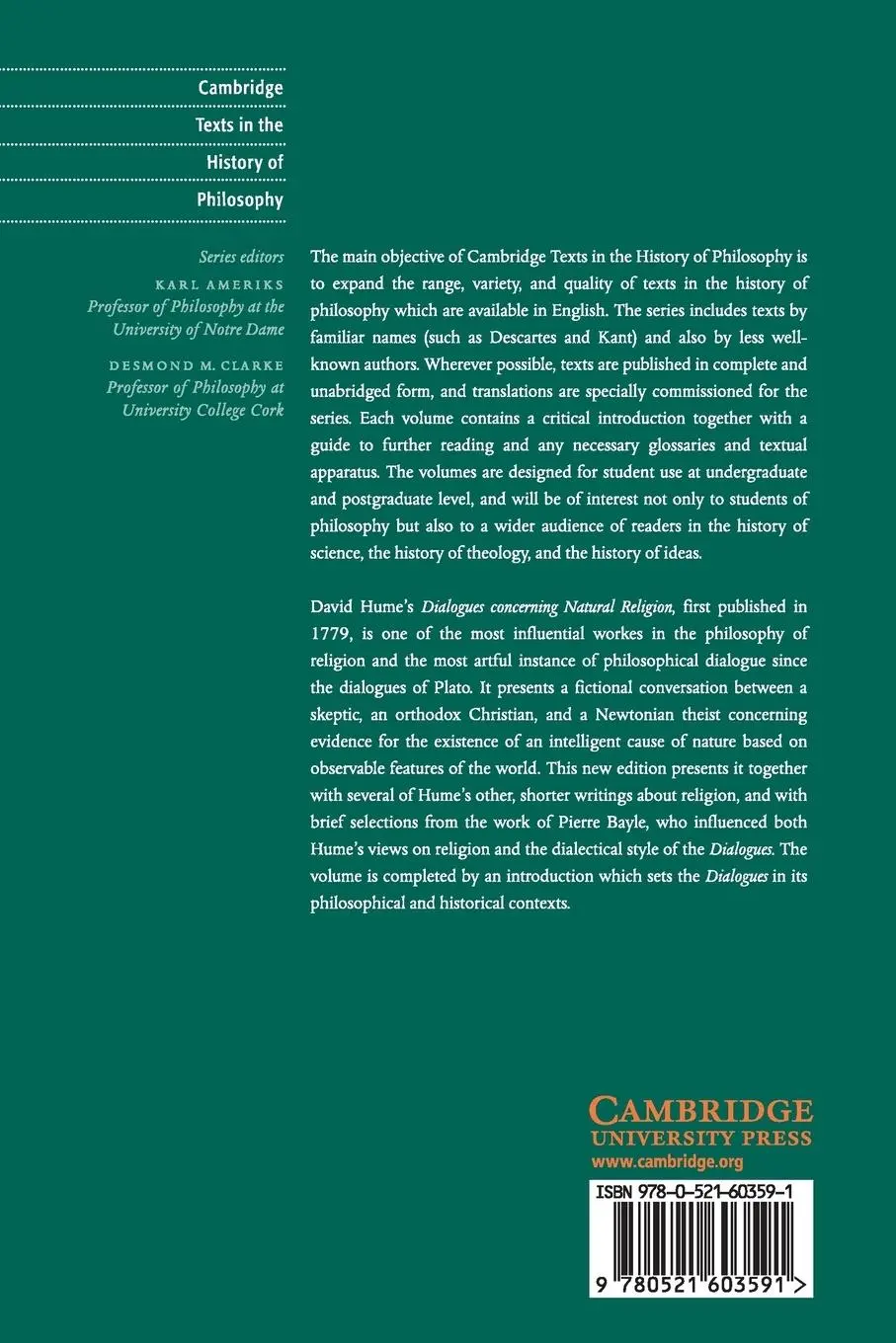 Rückseite: 9780521603591 | Hume | Dialogues Concerning Natural Religion | Dorothy Coleman | Buch