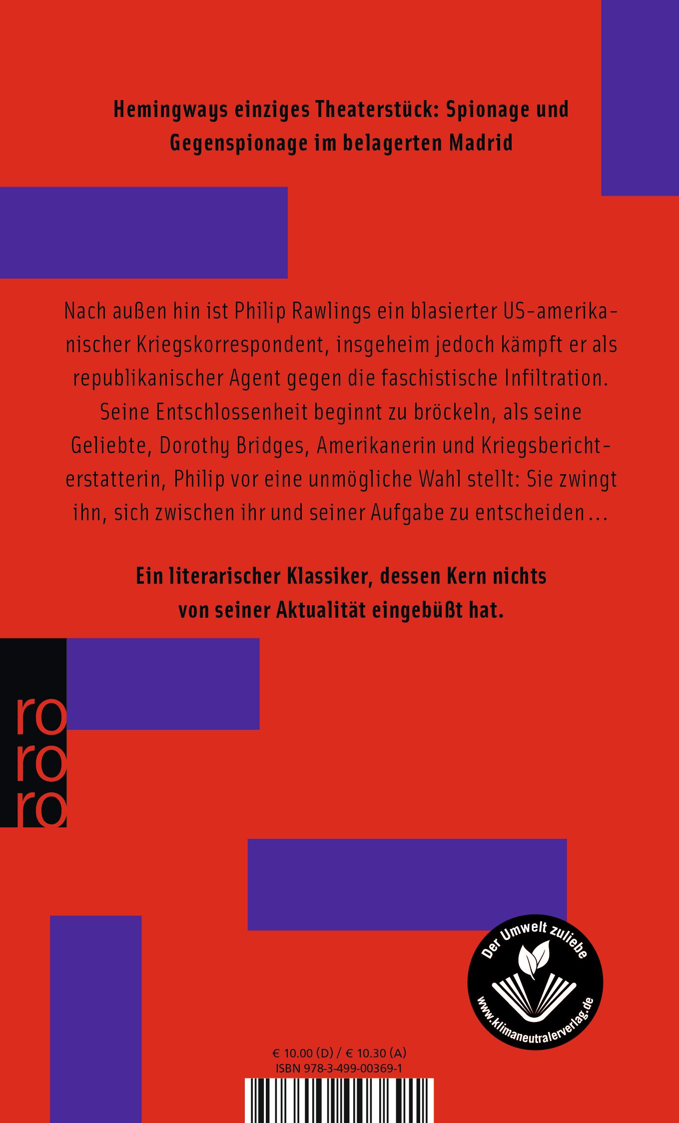 Rückseite: 9783499003691 | Die fünfte Kolonne | Schauspiel | Ernest Hemingway | Taschenbuch