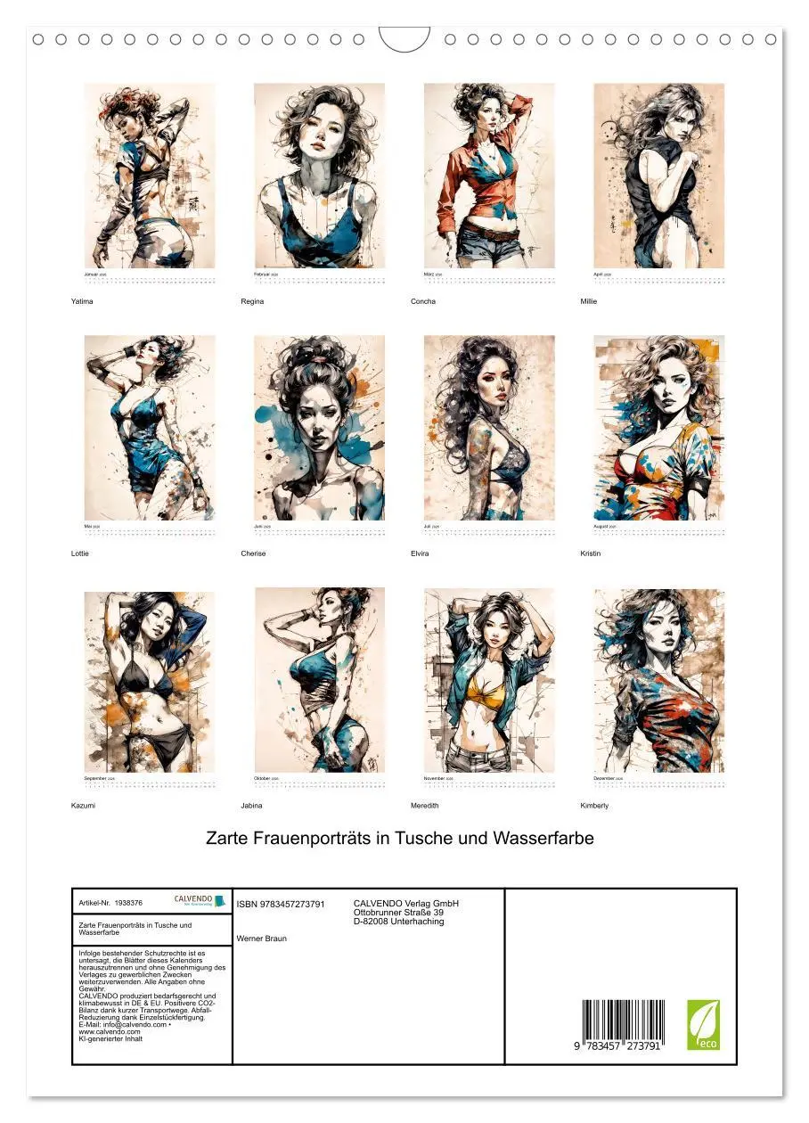 Bild: 9783457273791 | Zarte Frauenporträts in Tusche und Wasserfarbe (Wandkalender 2026...