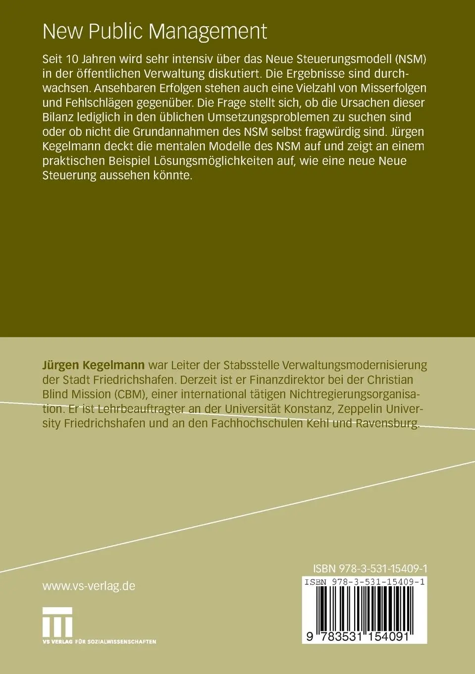 Rückseite: 9783531154091 | New Public Management | Jürgen Kegelmann | Taschenbuch | 260 S. | 2007