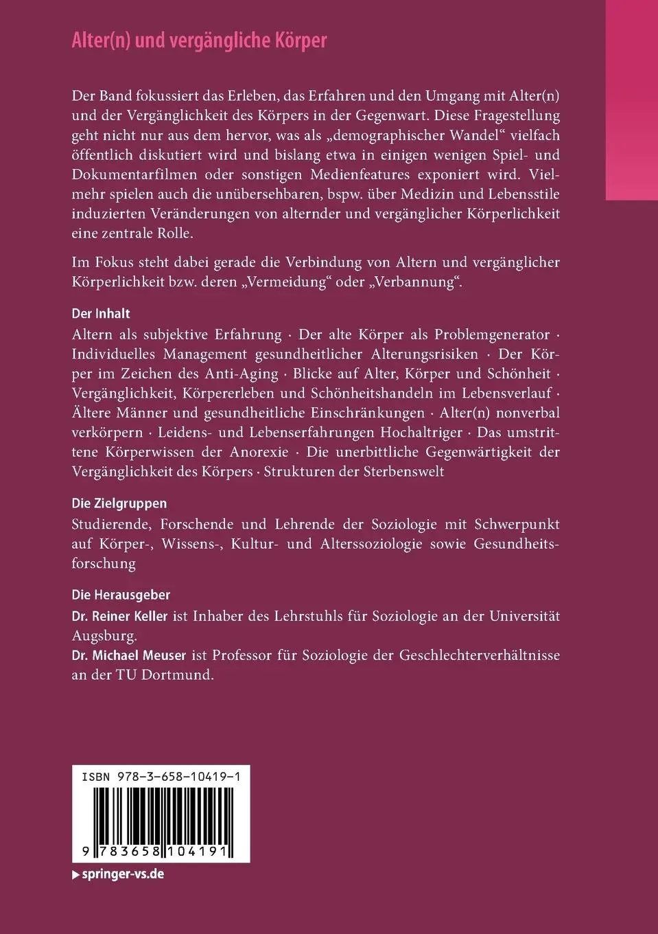 Rückseite: 9783658104191 | Alter(n) und vergängliche Körper | Michael Meuser (u. a.) | Buch | vi
