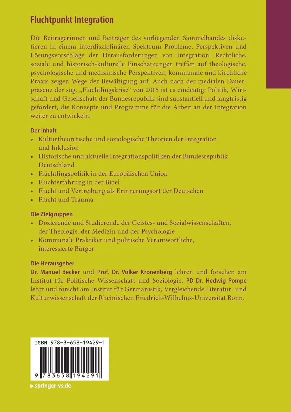 Rückseite: 9783658194291 | Fluchtpunkt Integration | Panorama eines Problemfeldes | Taschenbuch