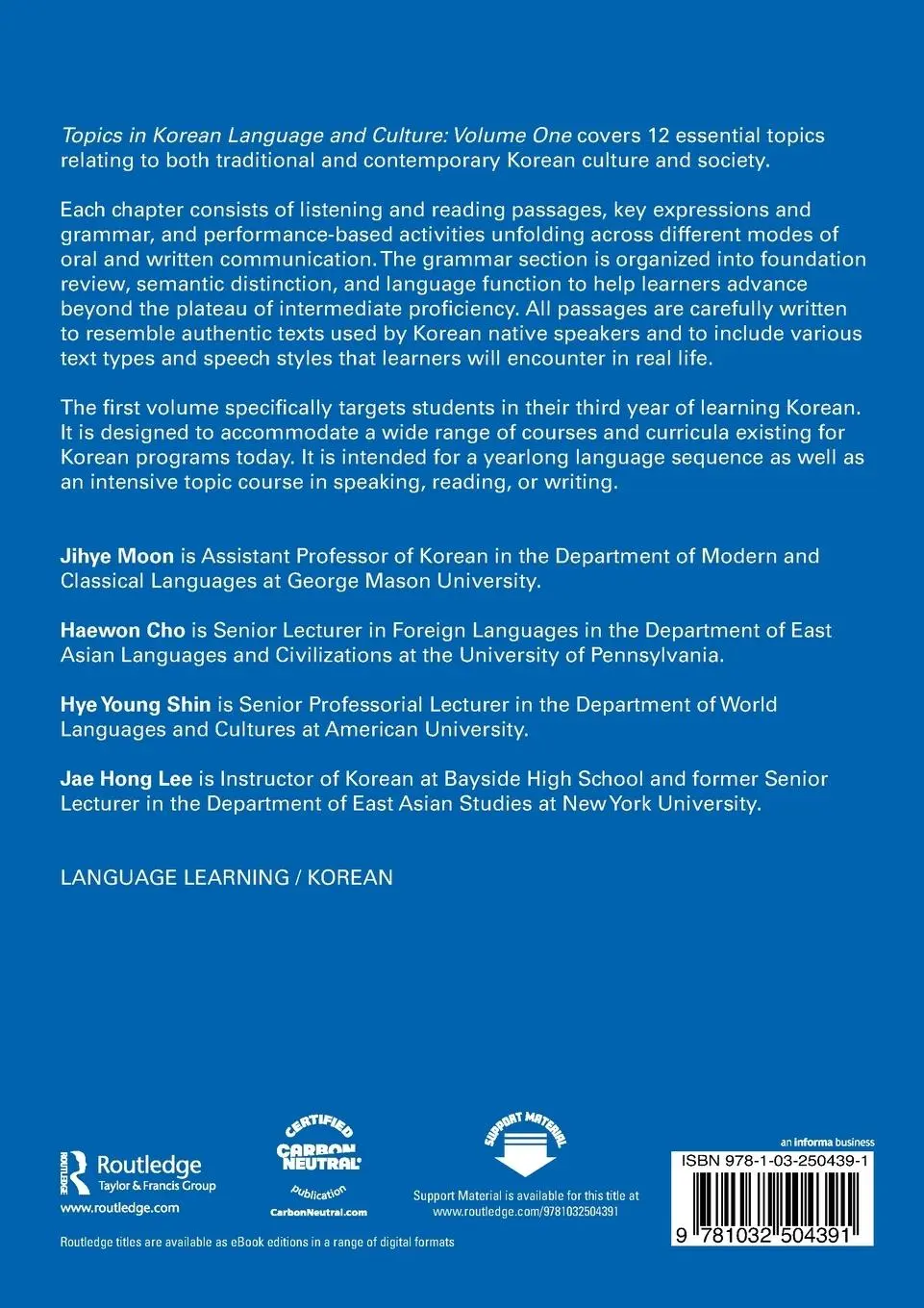 Rückseite: 9781032504391 | Topics in Korean Language and Culture: Volume One | Haewon Cho (u. a.)