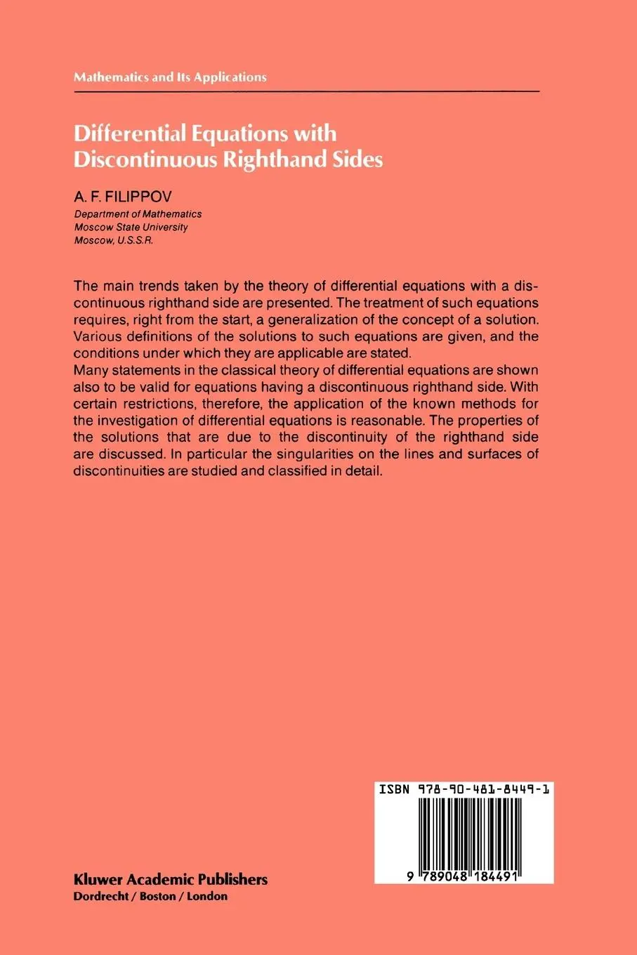 Rückseite: 9789048184491 | Differential Equations with Discontinuous Righthand Sides | Filippov