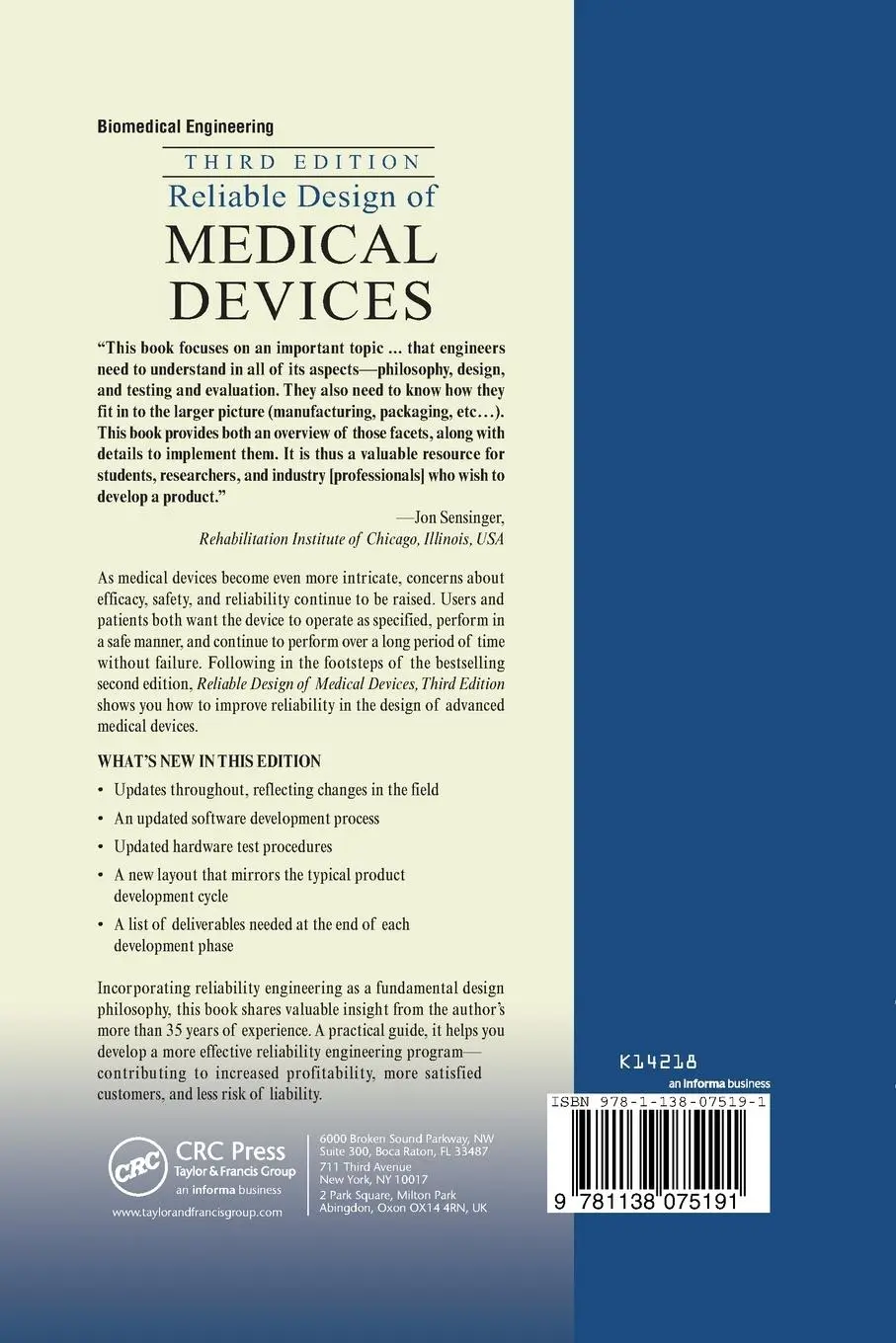 Rückseite: 9781138075191 | Reliable Design of Medical Devices | Richard C. Fries | Taschenbuch