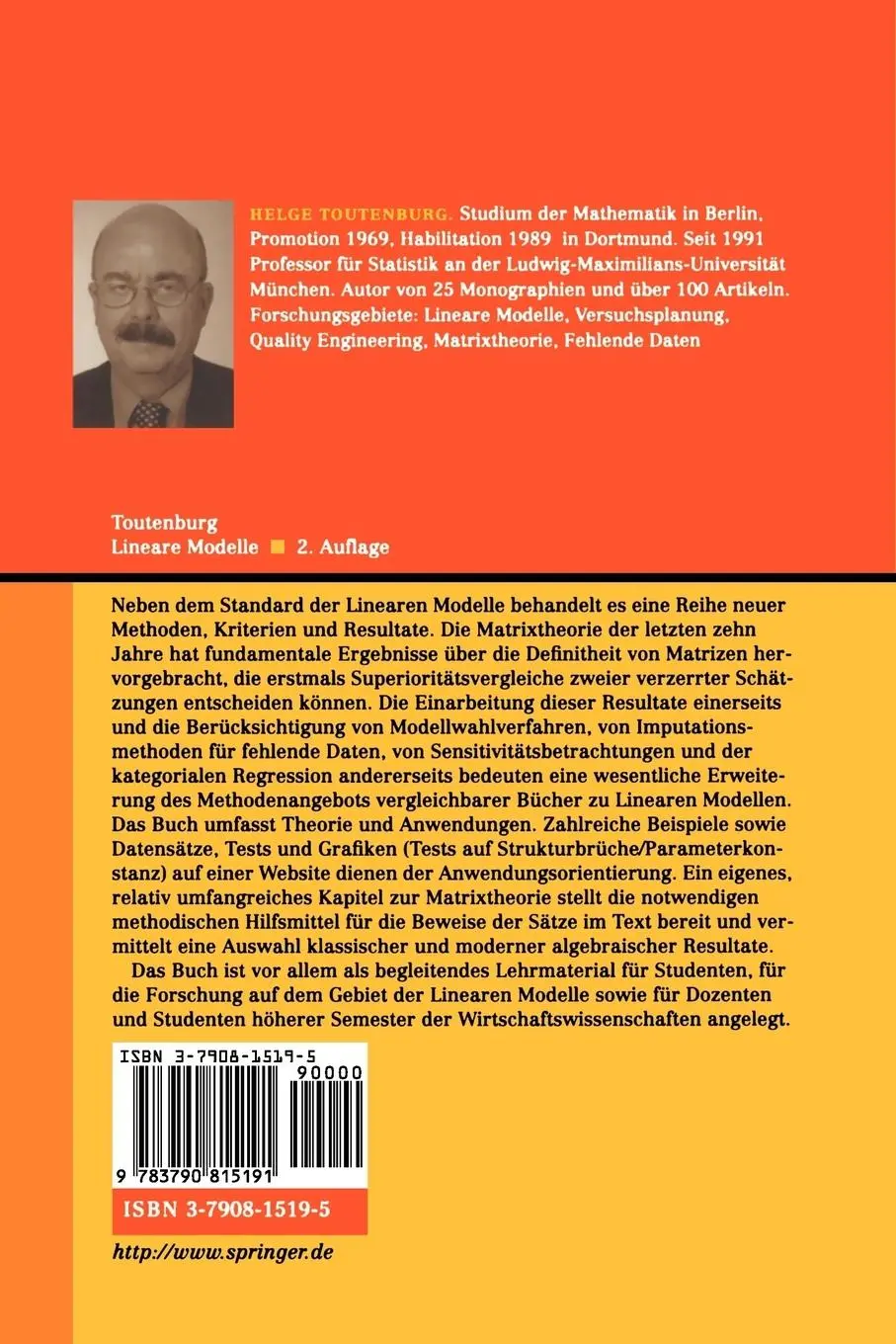 Rückseite: 9783790815191 | Lineare Modelle | Theorie und Anwendungen | Helge Toutenburg | Buch