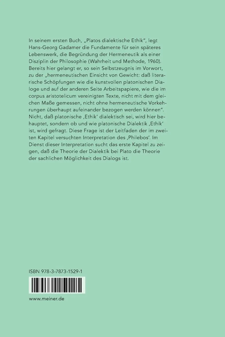 Rückseite: 9783787315291 | Platos dialektische Ethik | Hans G Gadamer | Taschenbuch | 168 S.