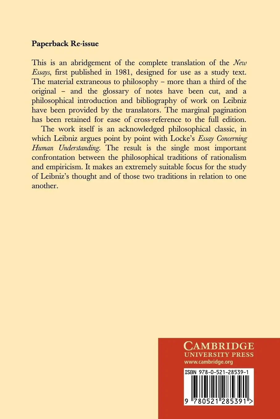 Rückseite: 9780521285391 | New Essays on Human Understanding Abridged Edition | Leibniz (u. a.)