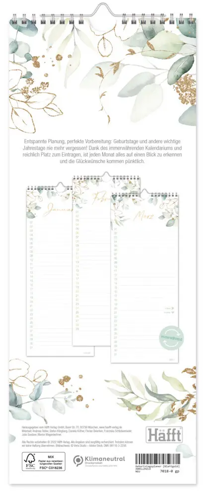 Bild: 4029357115591 | Geburtstagsplaner Wandkalender kompakt | Motiv [Blattgold] | Kalender