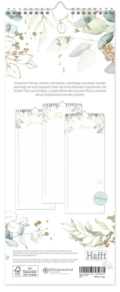 Bild: 4029357115591 | Geburtstagsplaner Wandkalender kompakt | Motiv [Blattgold] | Kalender