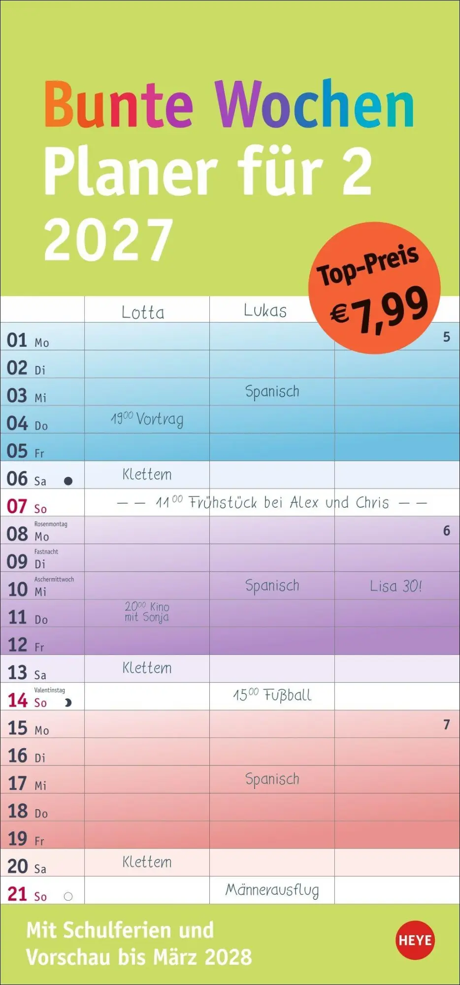 Cover: 9783756415991 | Bunte Wochen Planer für 2 2027 | Heye | Kalender | Spiralbindung