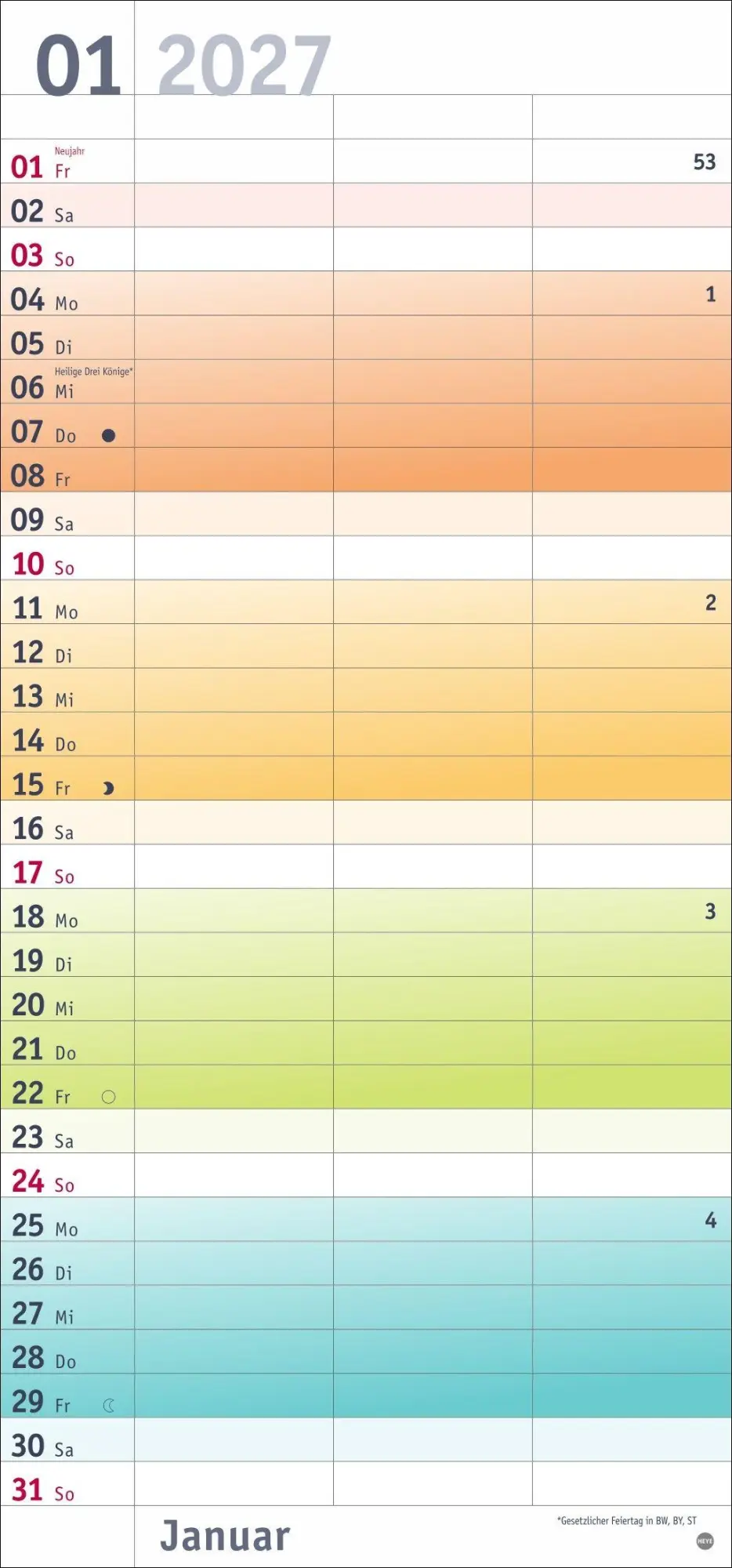 Bild: 9783756415991 | Bunte Wochen Planer für 2 2027 | Heye | Kalender | Spiralbindung