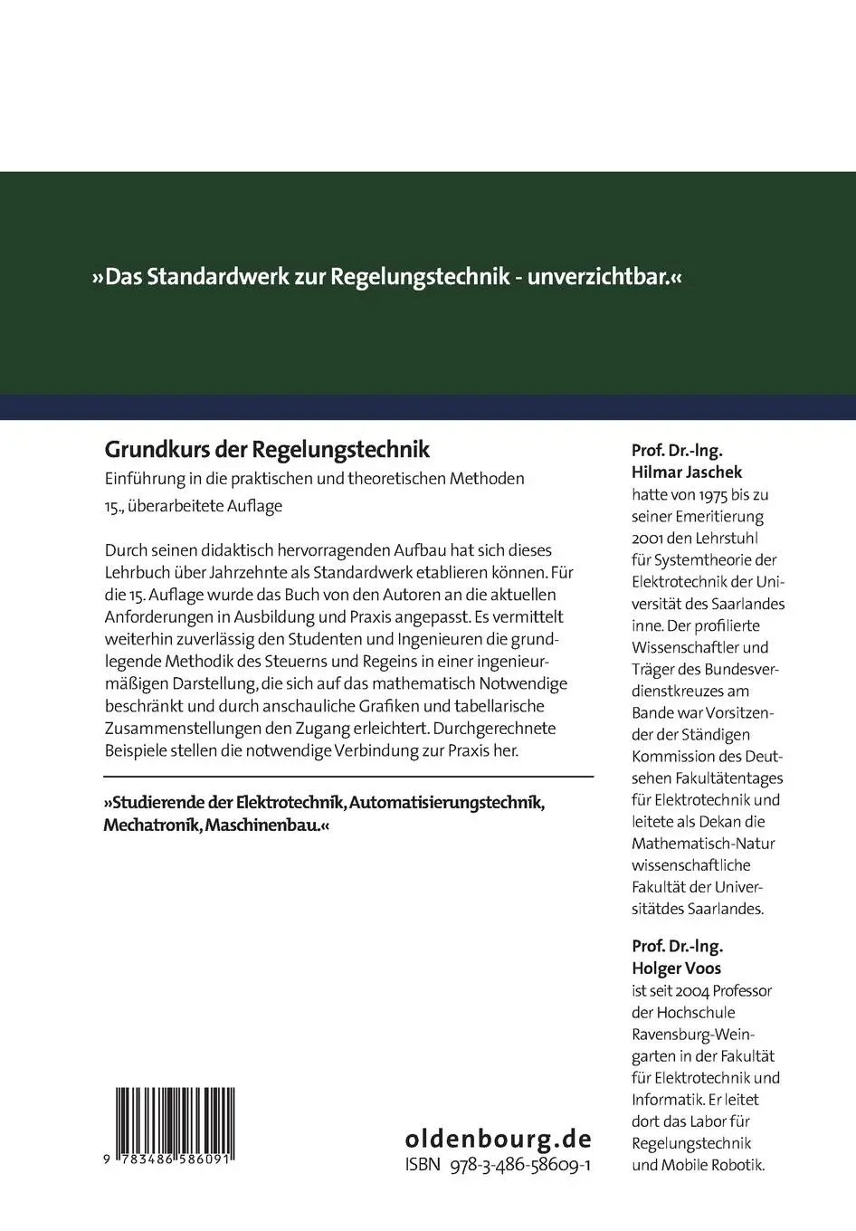 Rückseite: 9783486586091 | Grundkurs der Regelungstechnik | Hilmar Jaschek (u. a.) | Taschenbuch