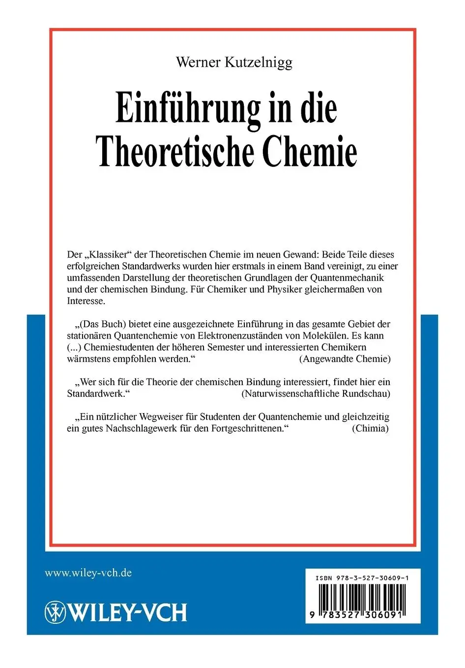 Rückseite: 9783527306091 | Einführung in die Theoretische Chemie | Werner Kutzelnigg | Buch | XL