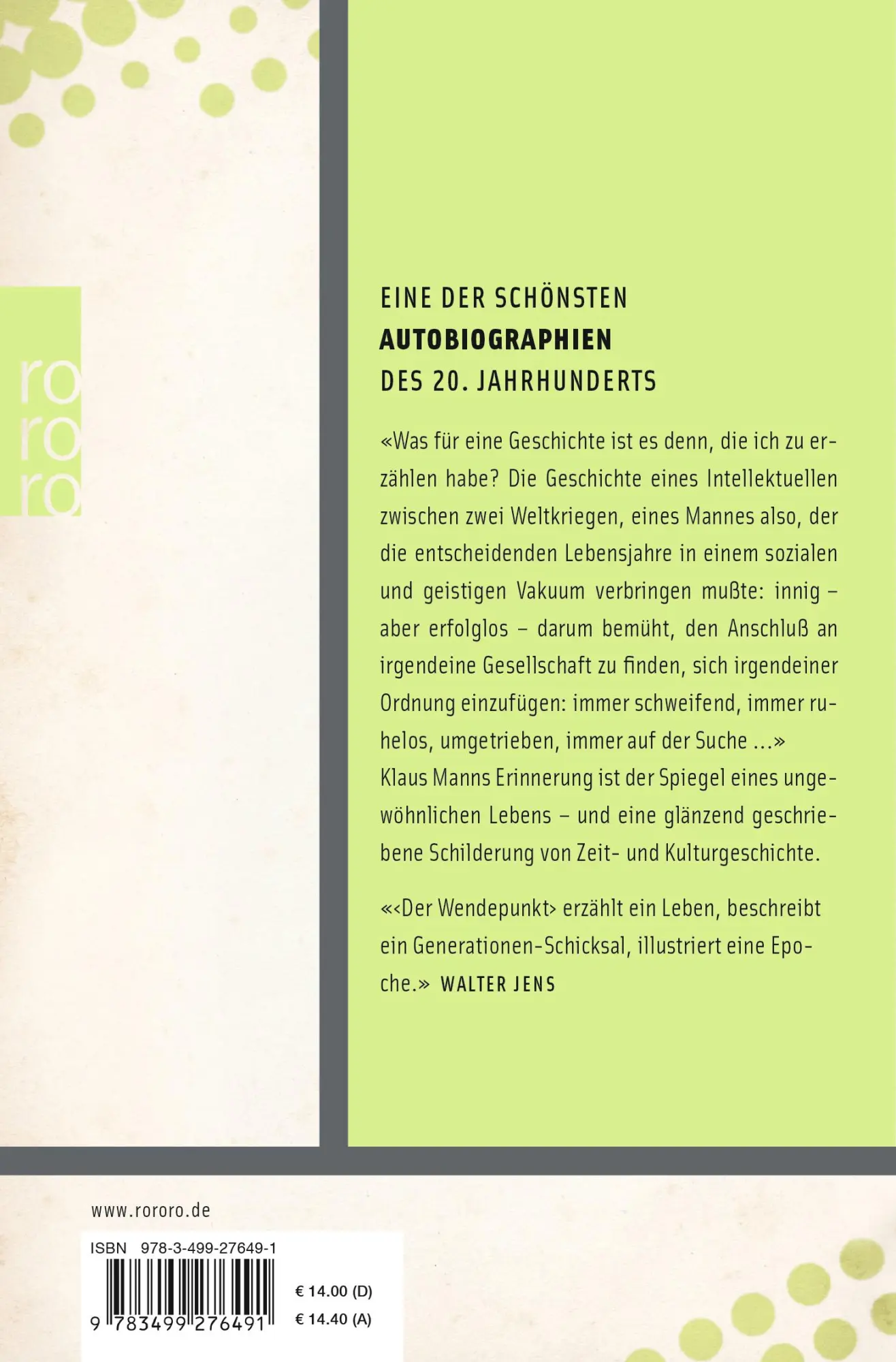 Rückseite: 9783499276491 | Der Wendepunkt | Klaus Mann | Taschenbuch | 896 S. | Deutsch | 2019