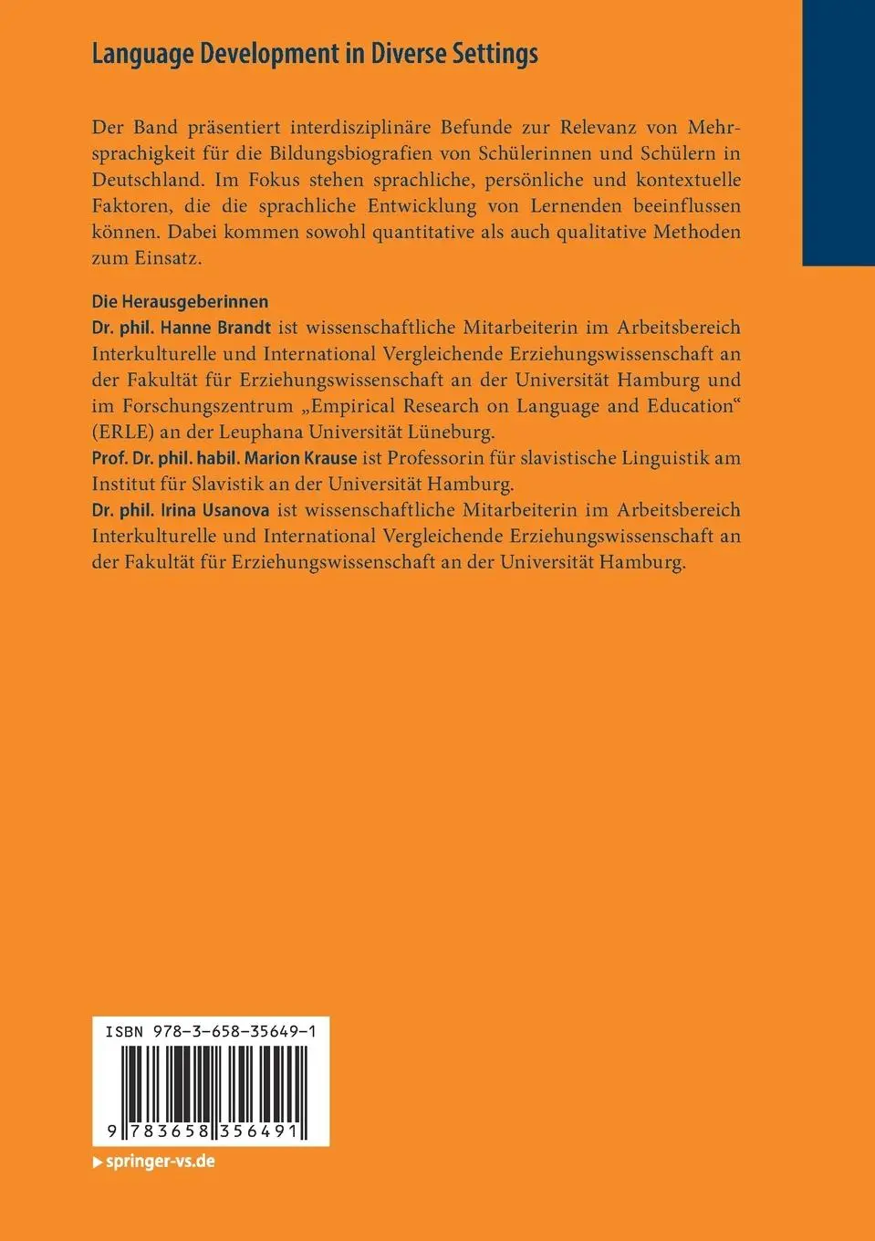 Rückseite: 9783658356491 | Language Development in Diverse Settings | Hanne Brandt (u. a.) | Buch