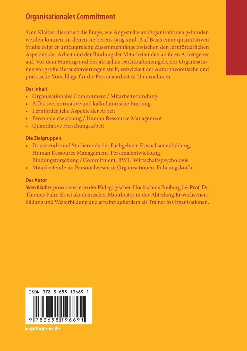 Rückseite: 9783658196691 | Organisationales Commitment | Sven Klaiber | Taschenbuch | xxiv | 2017