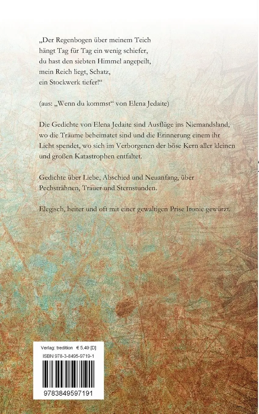 Rückseite: 9783849597191 | Niemandsland | Gedichte | Elena Jedaite | Taschenbuch | 100 S. | 2015