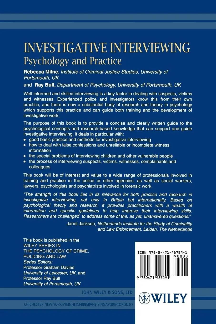Rückseite: 9780471987291 | Investigative Interviewing | Psychology and Practice | Milne (u. a.)