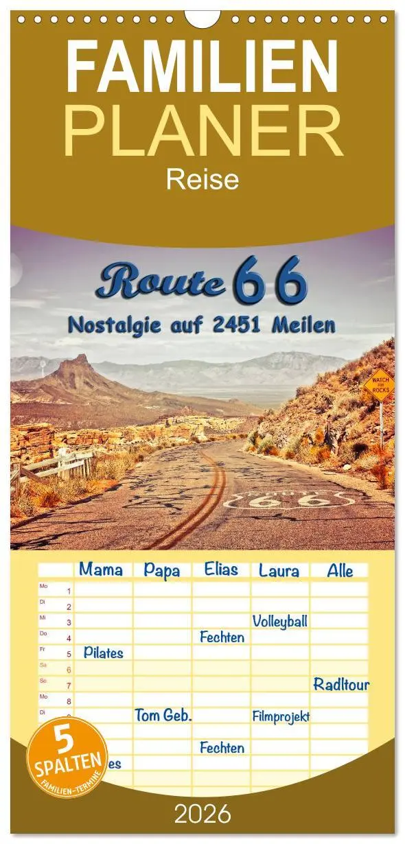 Cover: 9783516517491 | Familienplaner 2026 - Nostalgie auf 2451 Meilen - Route 66 mit 5...