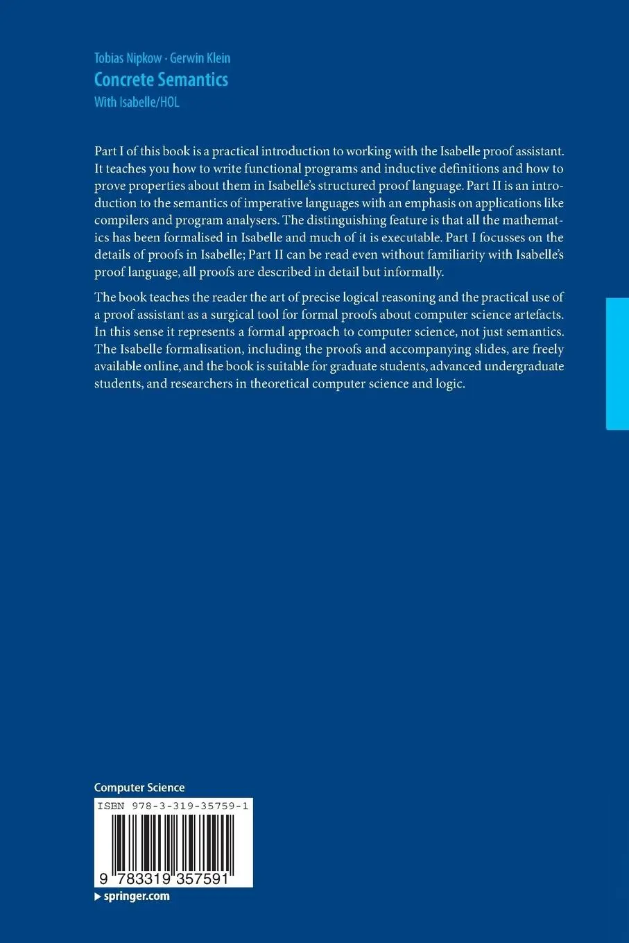 Rückseite: 9783319357591 | Concrete Semantics | With Isabelle/HOL | Gerwin Klein (u. a.) | Buch