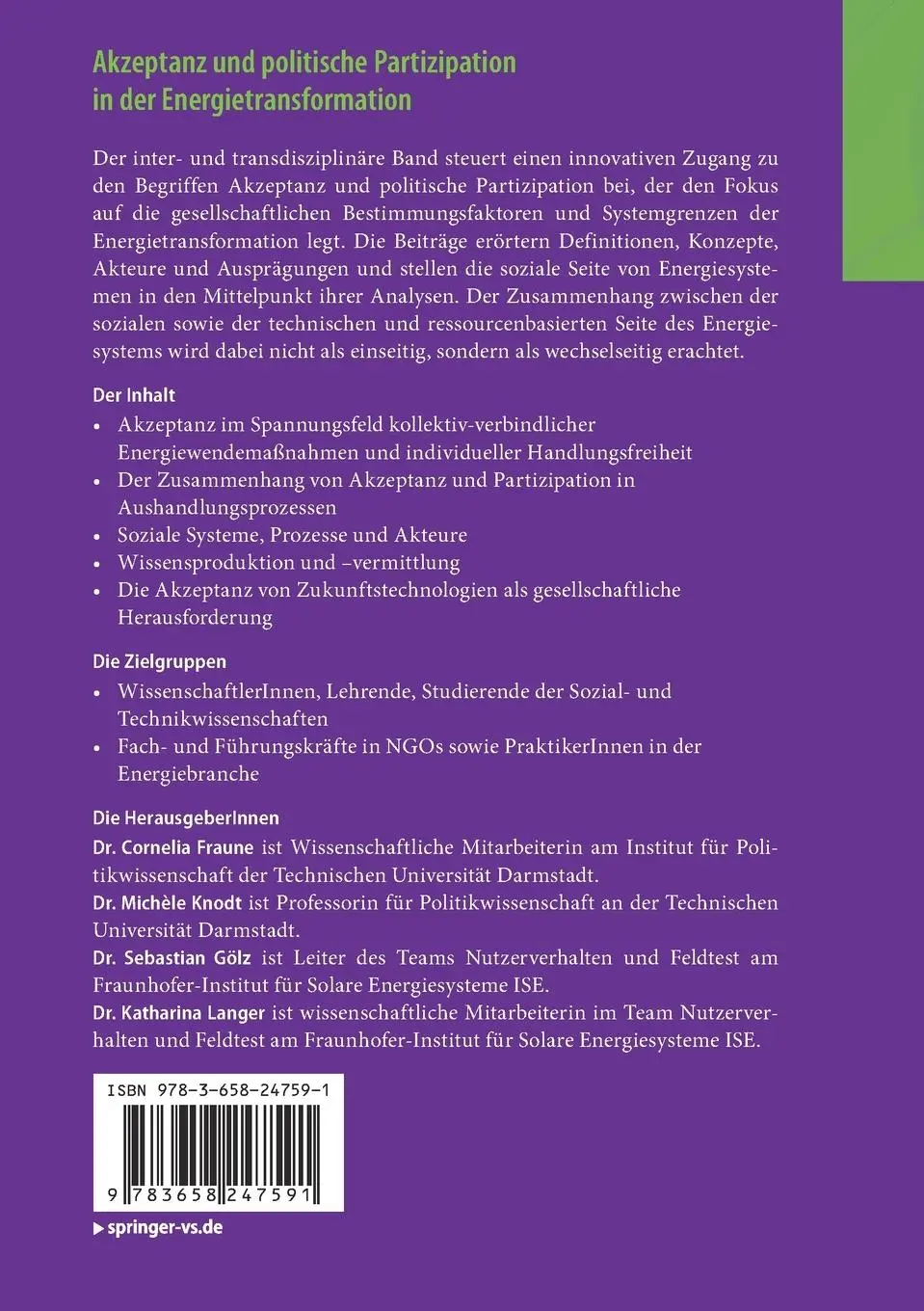 Rückseite: 9783658247591 | Akzeptanz und politische Partizipation in der Energietransformation