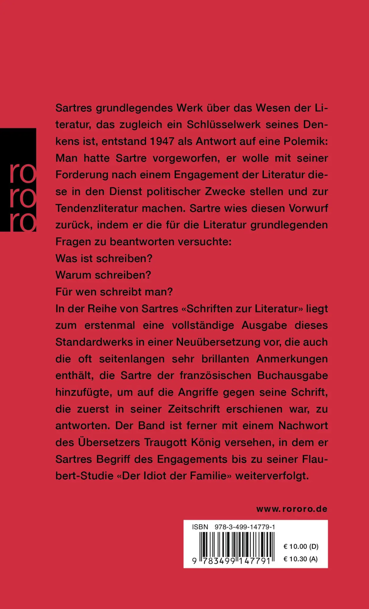 Rückseite: 9783499147791 | Was ist Literatur? | Jean-Paul Sartre | Taschenbuch | 256 S. | Deutsch