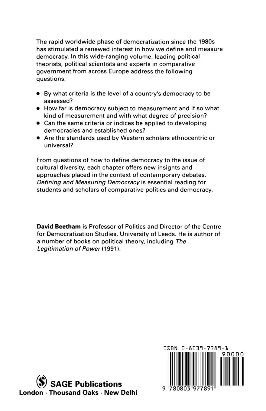 Rückseite: 9780803977891 | Defining and Measuring Democracy | David Beetham | Taschenbuch | 1994