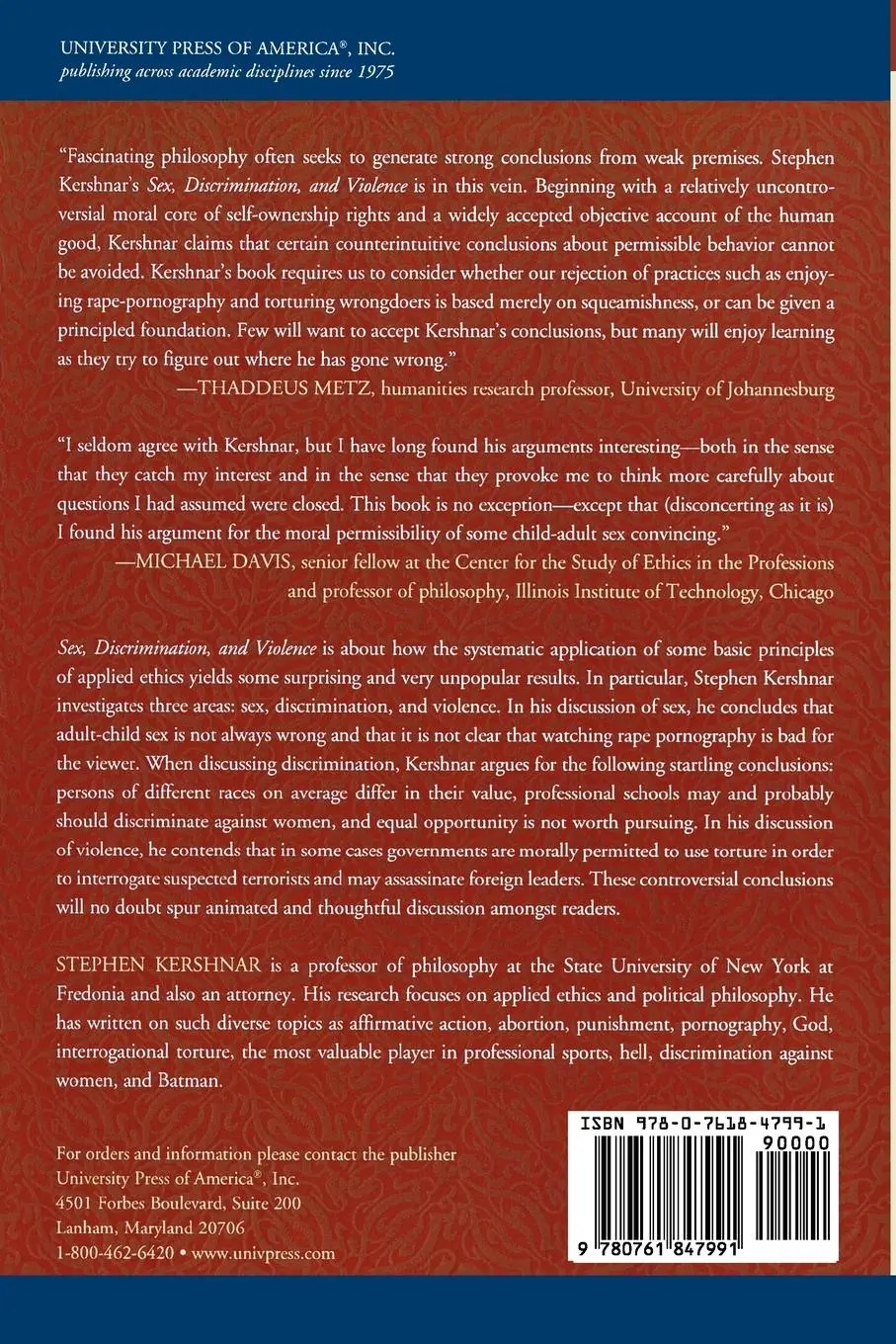 Rückseite: 9780761847991 | Sex, Discrimination, and Violence | Stephen Kershnar | Taschenbuch