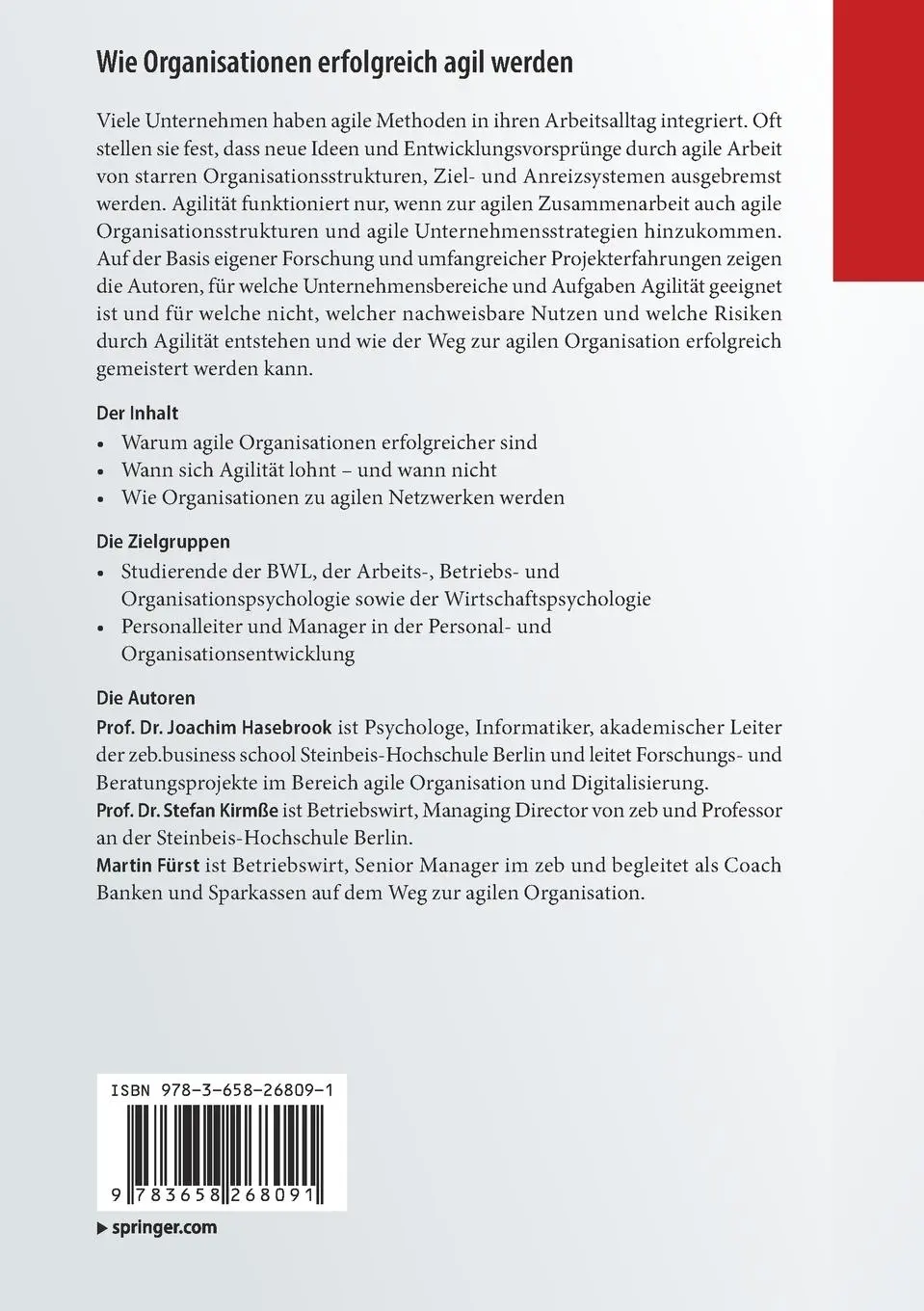 Rückseite: 9783658268091 | Wie Organisationen erfolgreich agil werden | Joachim Hasebrook (u. a.)