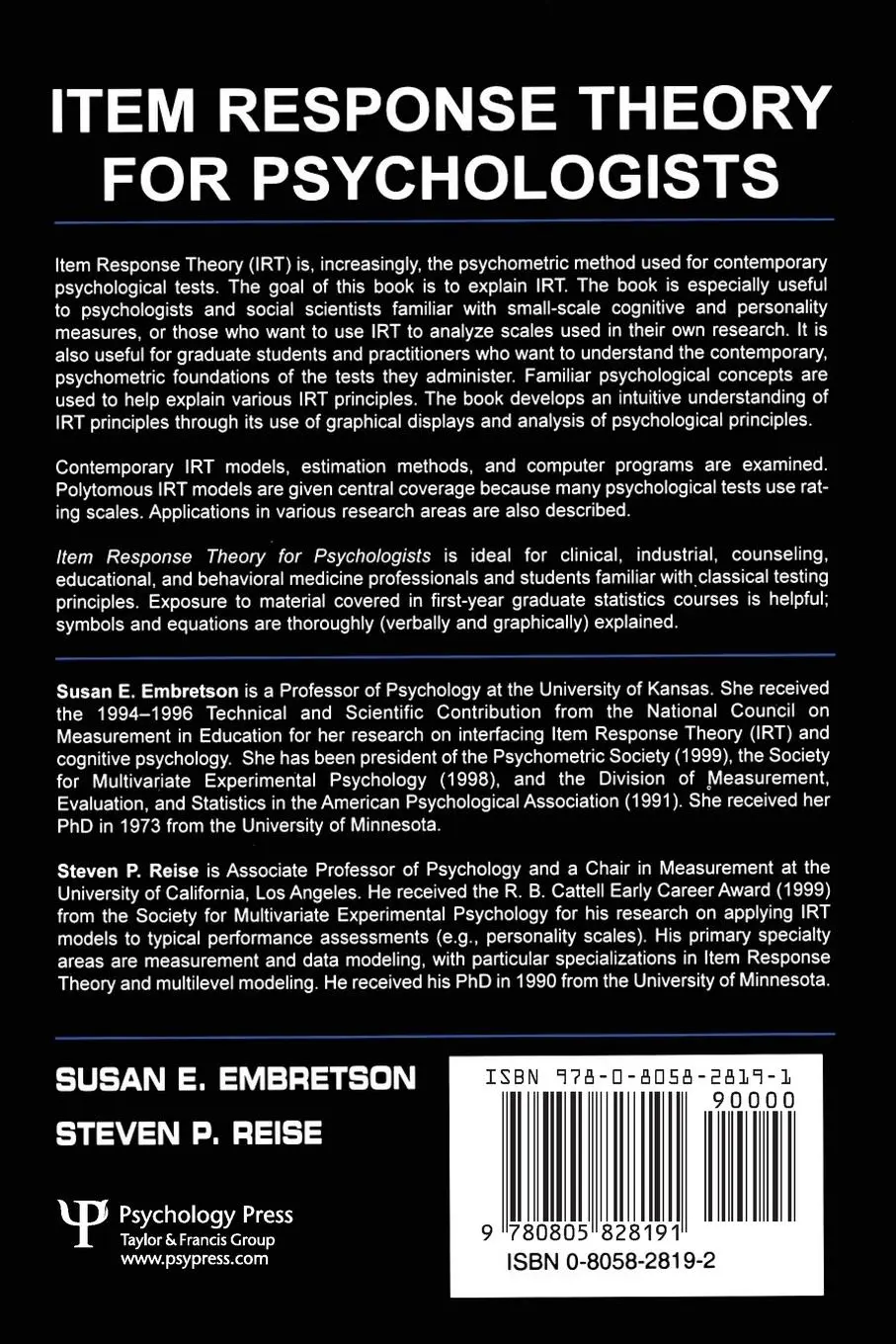 Rückseite: 9780805828191 | Item Response Theory for Psychologists | Susan E. Embretson (u. a.)