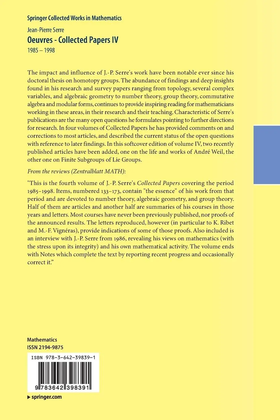 Rückseite: 9783642398391 | Oeuvres - Collected Papers IV | 1985 - 1998 | Jean-Pierre Serre | Buch