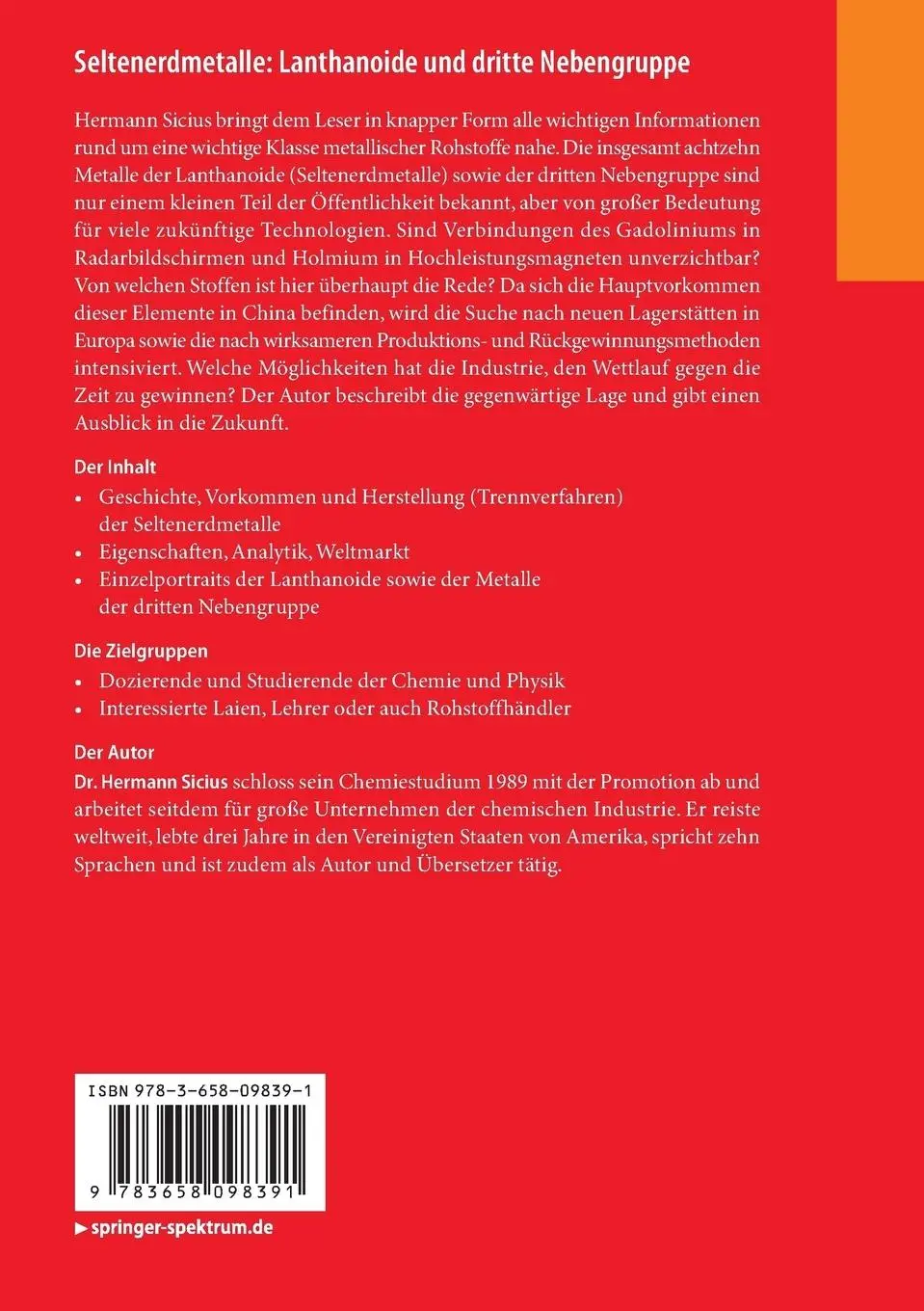 Rückseite: 9783658098391 | Seltenerdmetalle: Lanthanoide und dritte Nebengruppe | Hermann Sicius