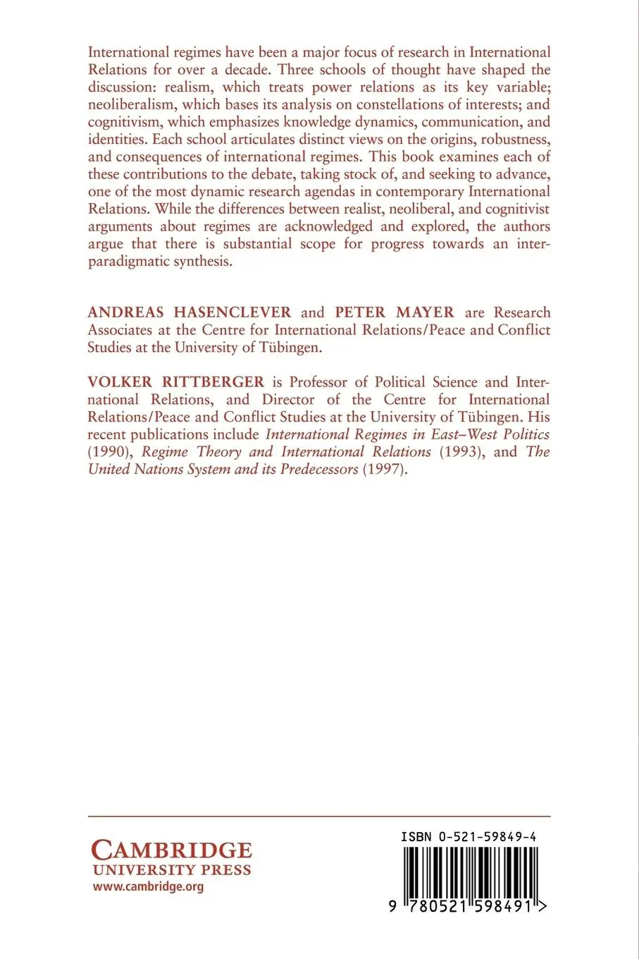 Rückseite: 9780521598491 | Theories of International Regimes | Andreas Hasenclever | Taschenbuch