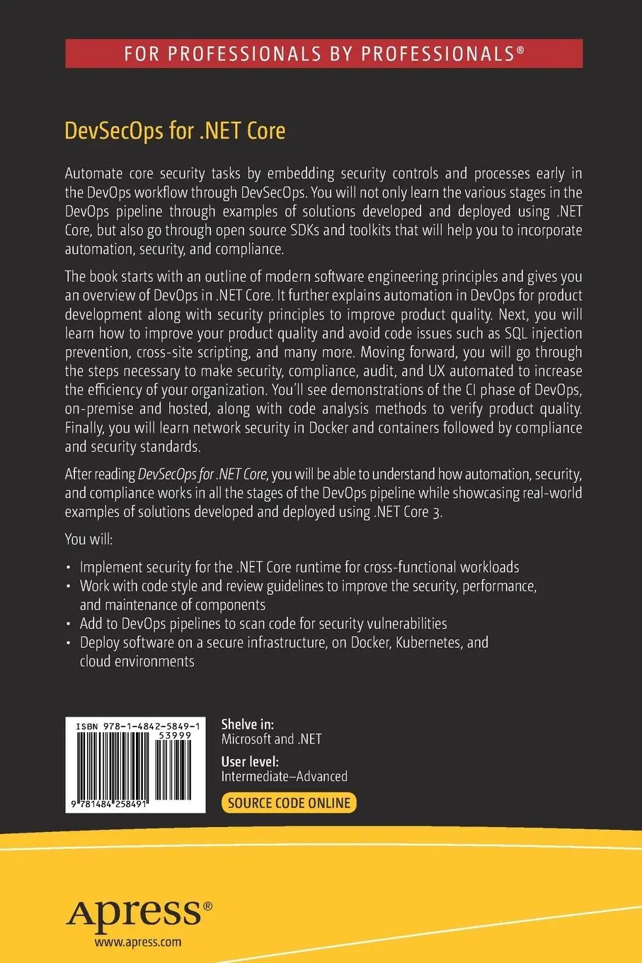 Rückseite: 9781484258491 | DevSecOps for .NET Core | Securing Modern Software Applications | Buch