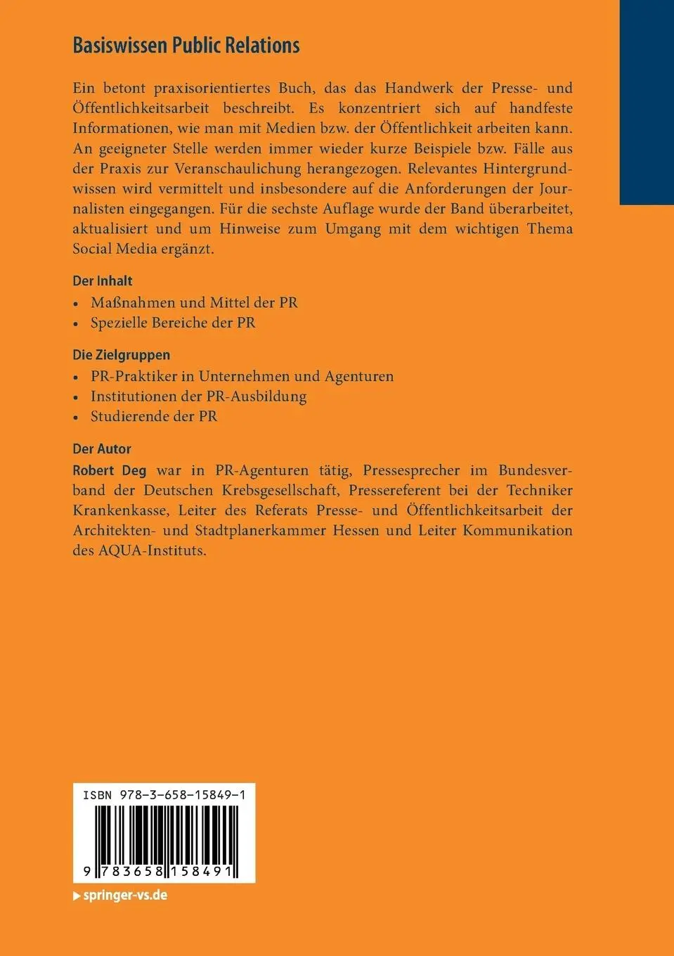 Rückseite: 9783658158491 | Basiswissen Public Relations | Robert Deg | Taschenbuch | VI | Deutsch