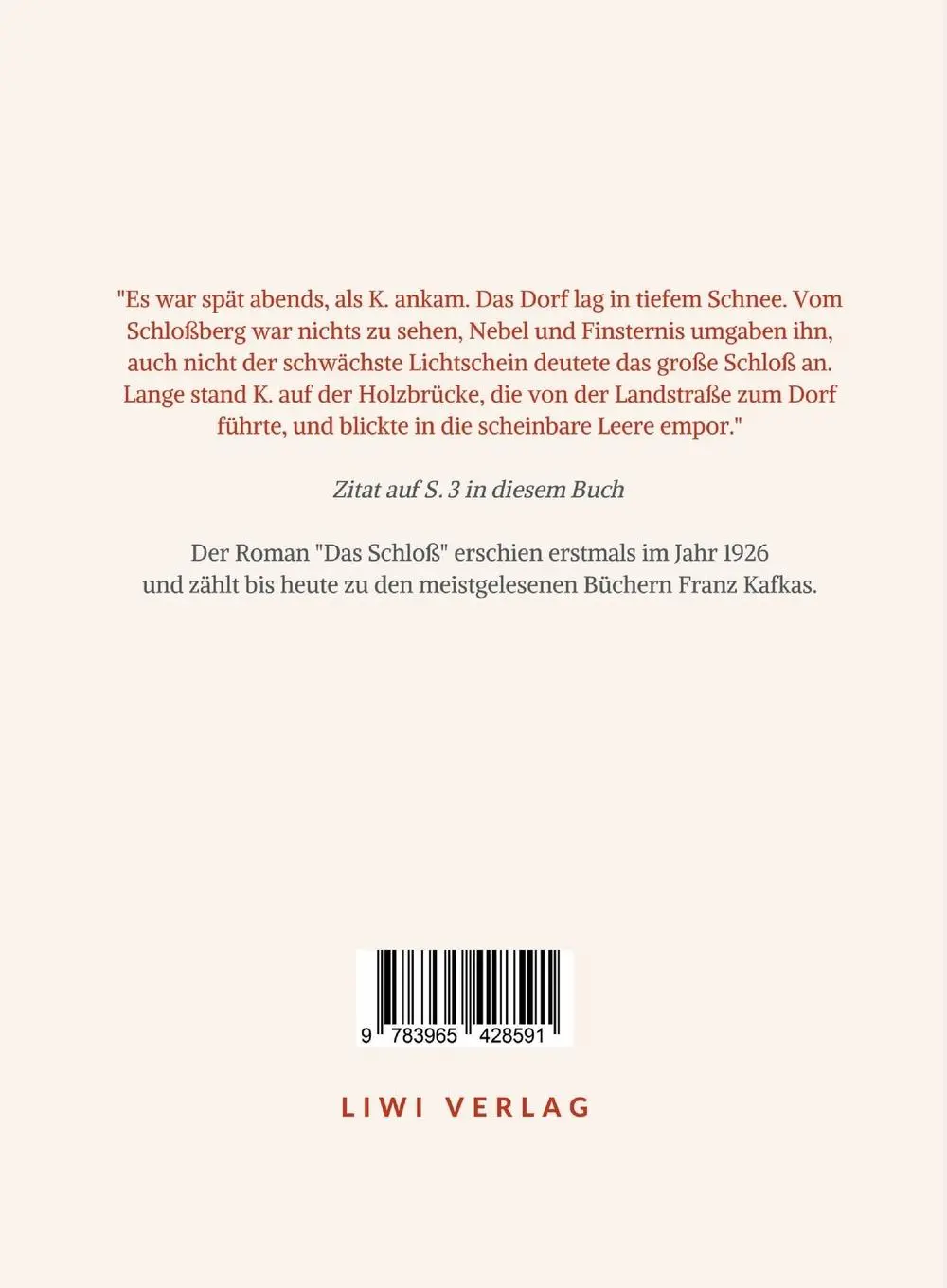 Rückseite: 9783965428591 | Franz Kafka: Das Schloß. Neuausgabe | Franz Kafka | Taschenbuch | 2024