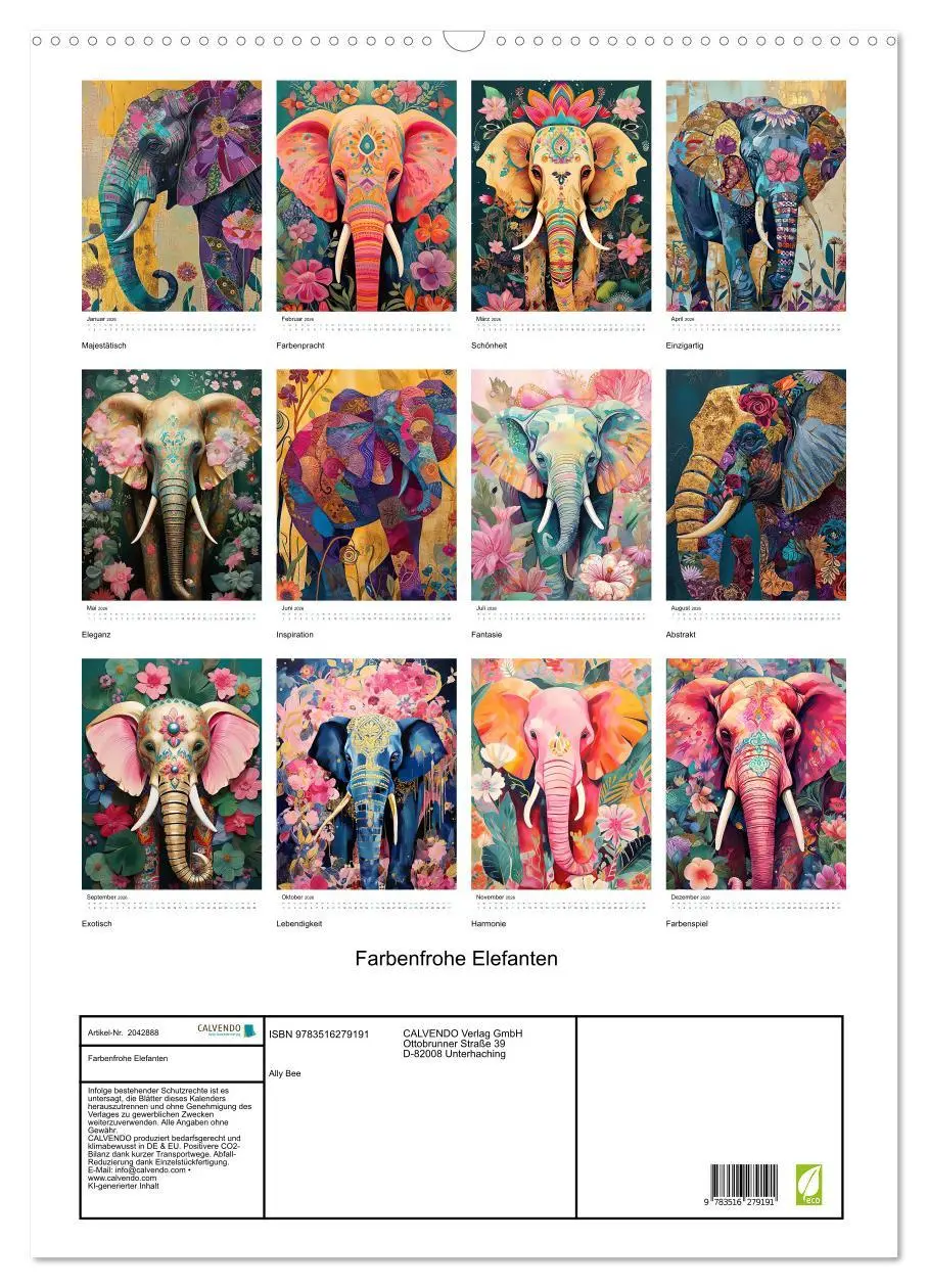 Bild: 9783516279191 | Farbenfrohe Elefanten (Wandkalender 2026 DIN A2 hoch), CALVENDO...