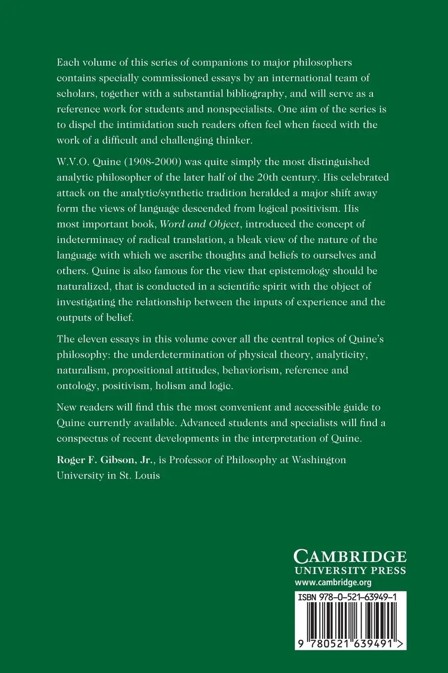 Rückseite: 9780521639491 | The Cambridge Companion to Quine | Roger F. Jr. Gibson | Taschenbuch