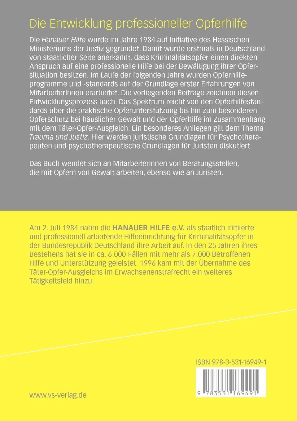 Rückseite: 9783531169491 | Die Entwicklung professioneller Opferhilfe | 25 Jahre Hanauer Hilfe