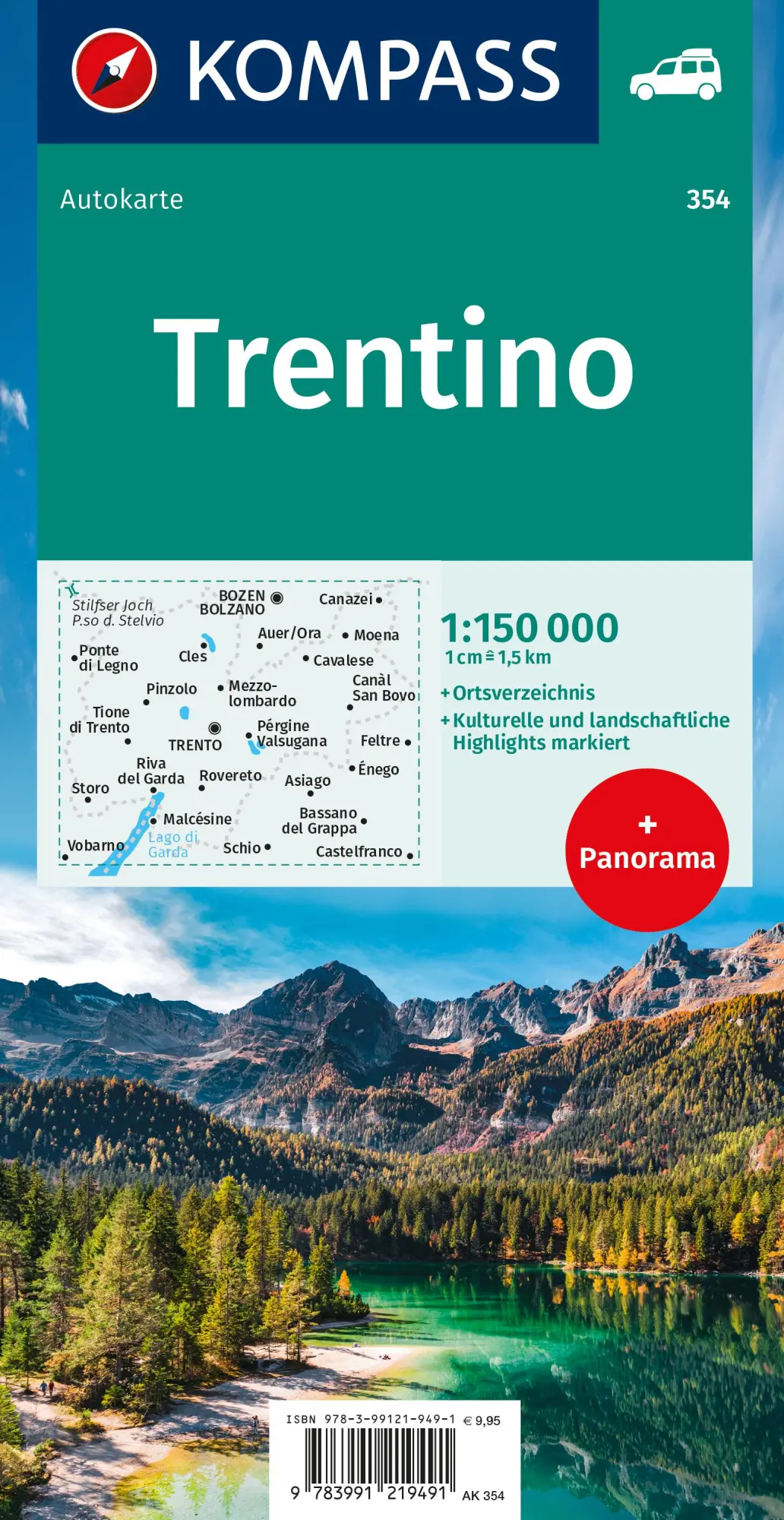 Rückseite: 9783991219491 | KOMPASS Autokarte Trentino 1:150.000 | mit Panorama auf der Rückseite