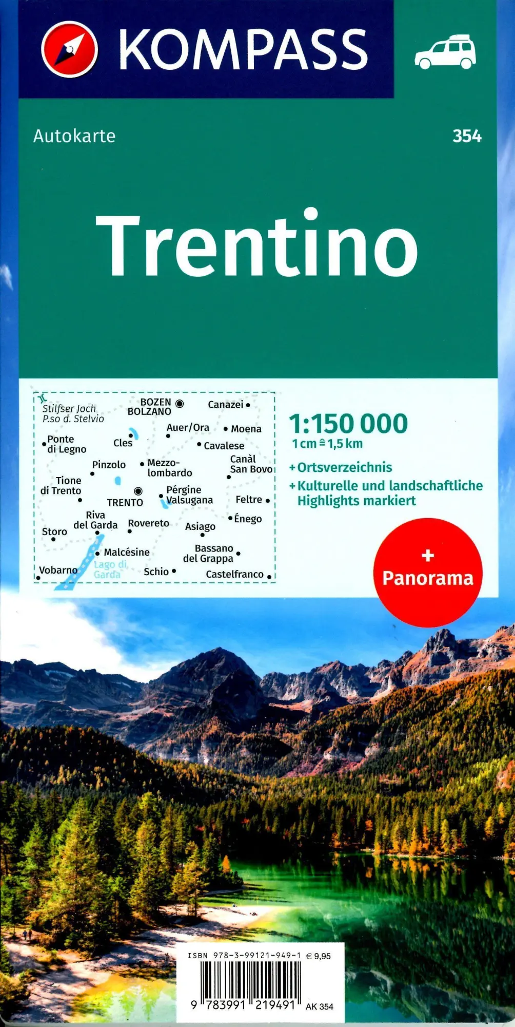 Bild: 9783991219491 | KOMPASS Autokarte Trentino 1:150.000 | mit Panorama auf der Rückseite