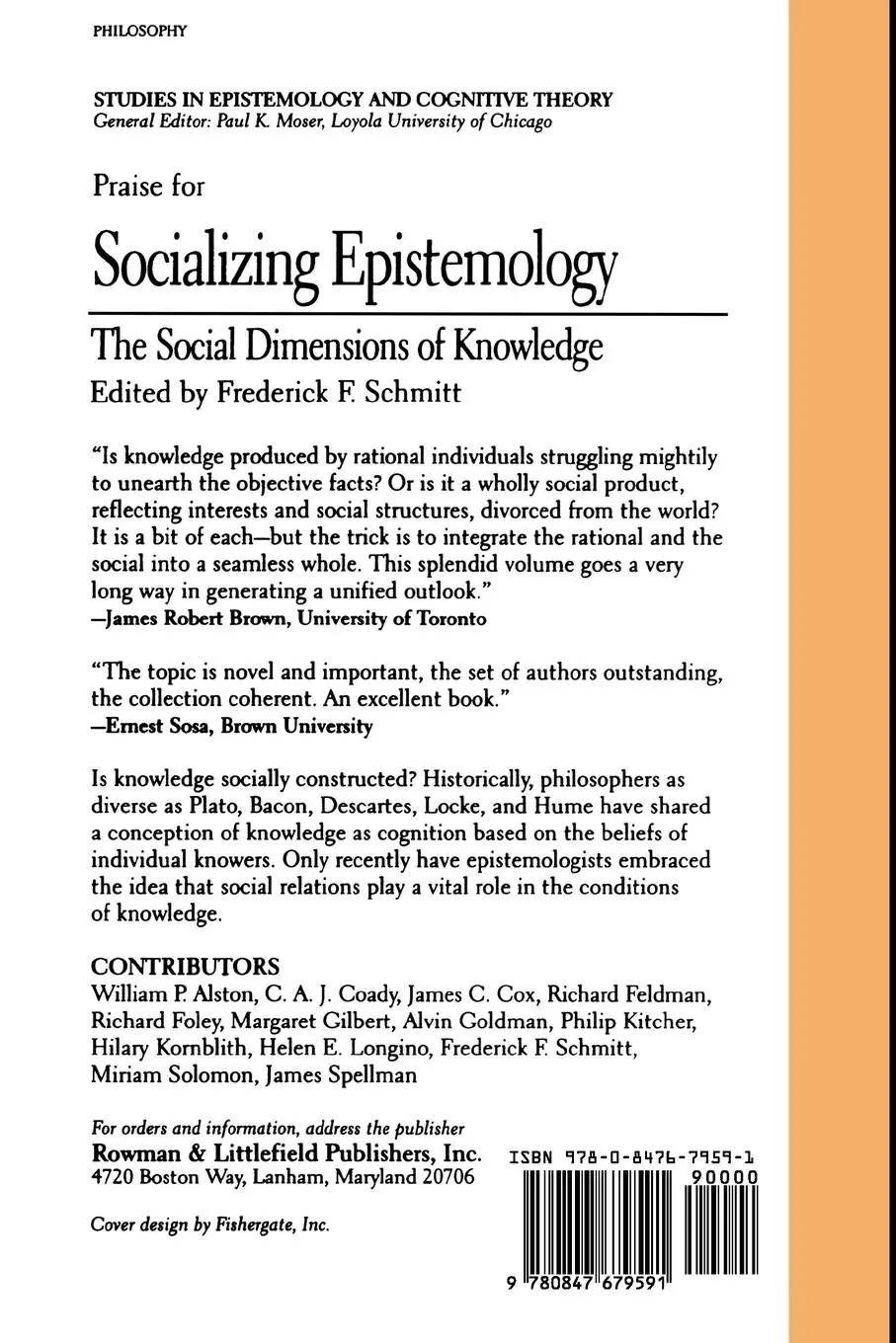 Rückseite: 9780847679591 | Socializing Epistemology | The Social Dimensions of Knowledge | Buch
