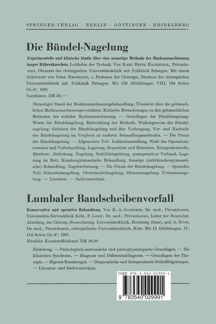 Rückseite: 9783540029991 | Experimentelle Untersuchungen zur Pathologie und Verhütung der...