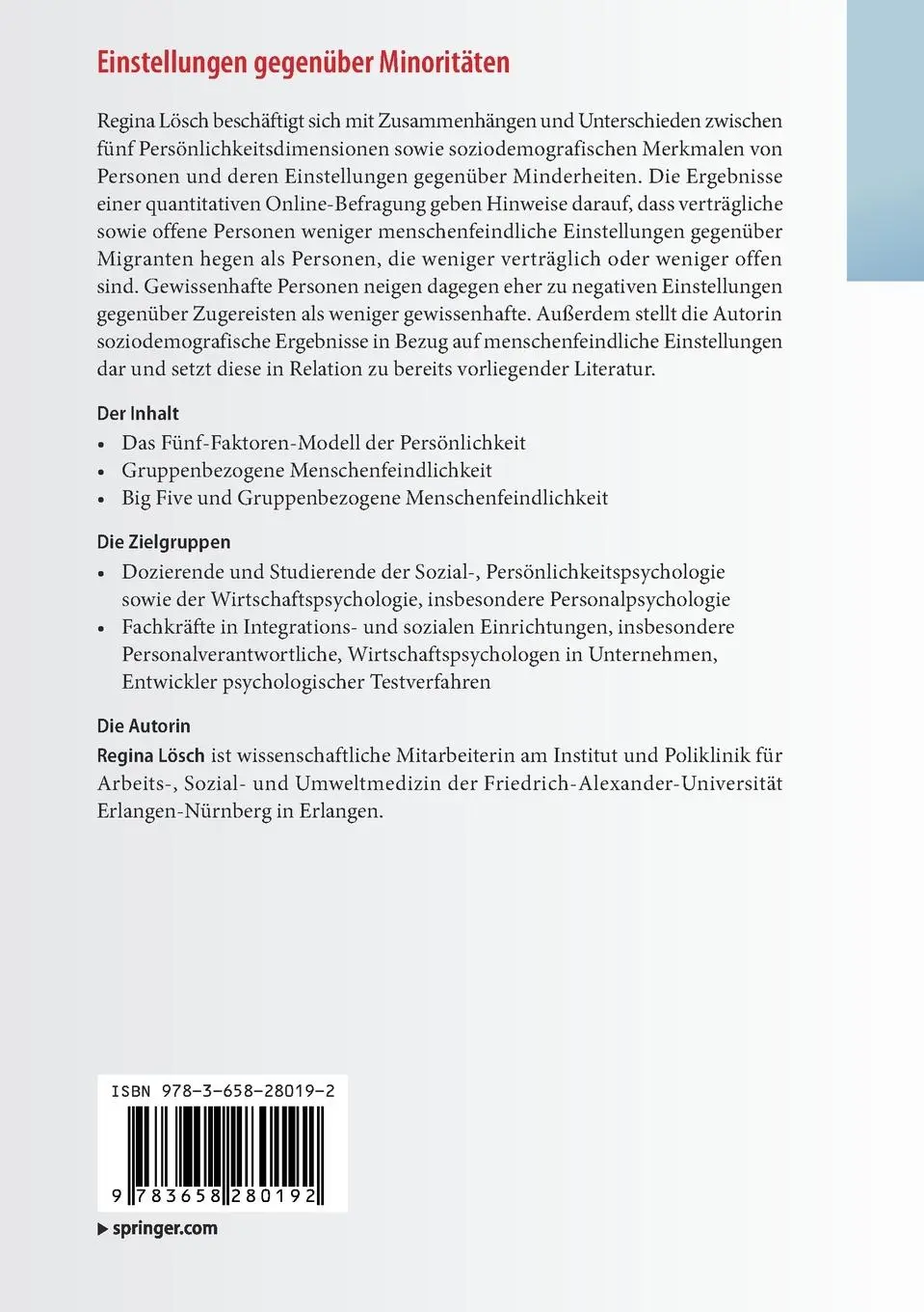 Rückseite: 9783658280192 | Einstellungen gegenüber Minoritäten | Regina Lösch | Taschenbuch | xvi