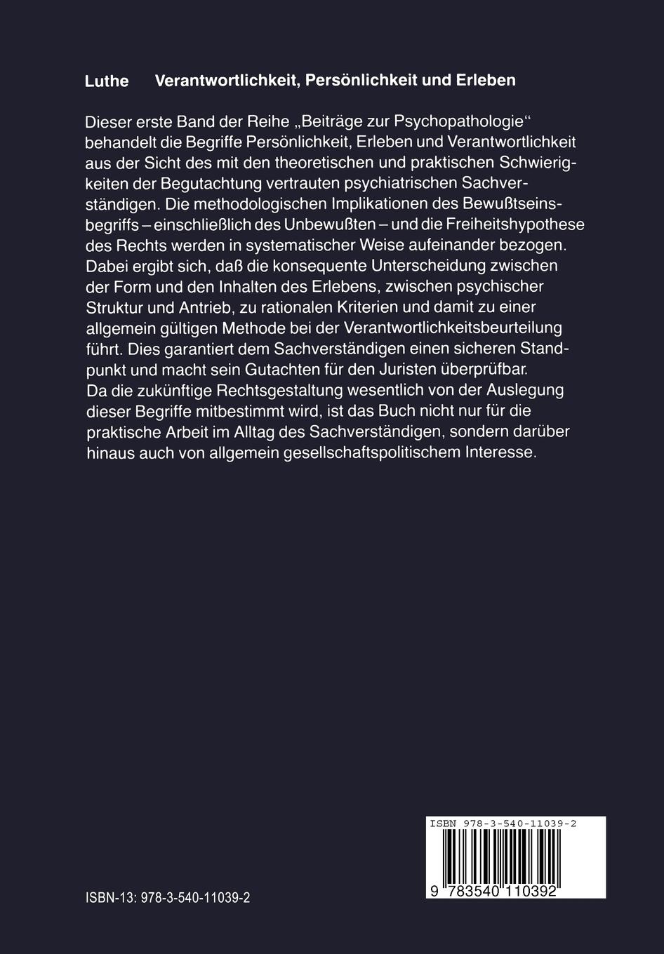 Rückseite: 9783540110392 | Verantwortlichkeit, Persönlichkeit und Erleben | R. Luthe | Buch