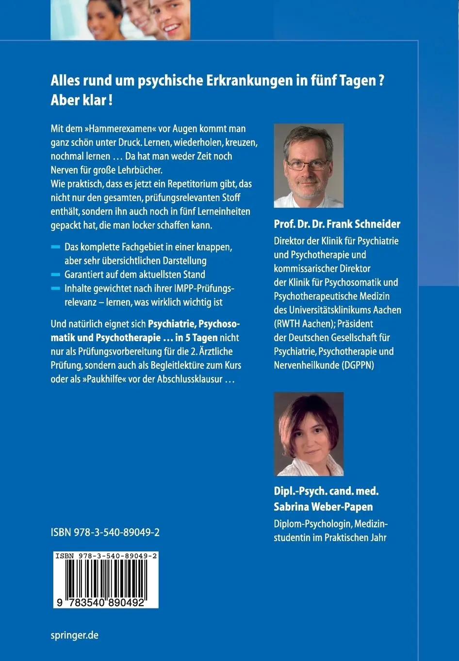 Rückseite: 9783540890492 | Psychiatrie, Psychosomatik und Psychotherapie ...in 5 Tagen | Buch