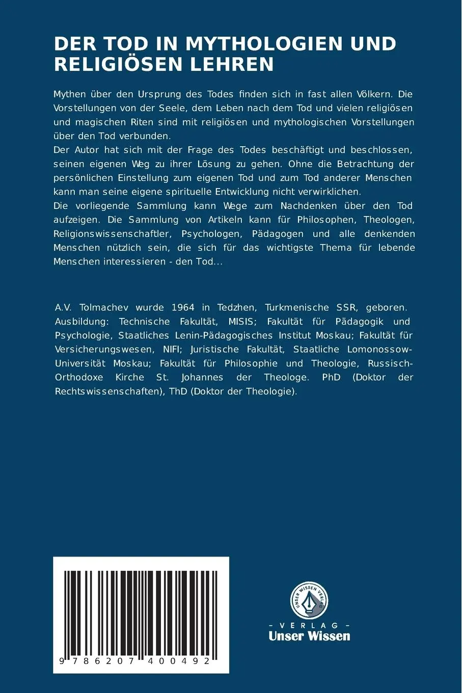 Rückseite: 9786207400492 | DER TOD IN MYTHOLOGIEN UND RELIGIÖSEN LEHREN | Tolmachev | Taschenbuch